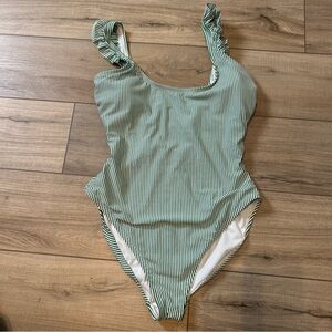 James Perse Swim Suit One Piece Green Striped Ruffled Shoulder Travel Cruise 12